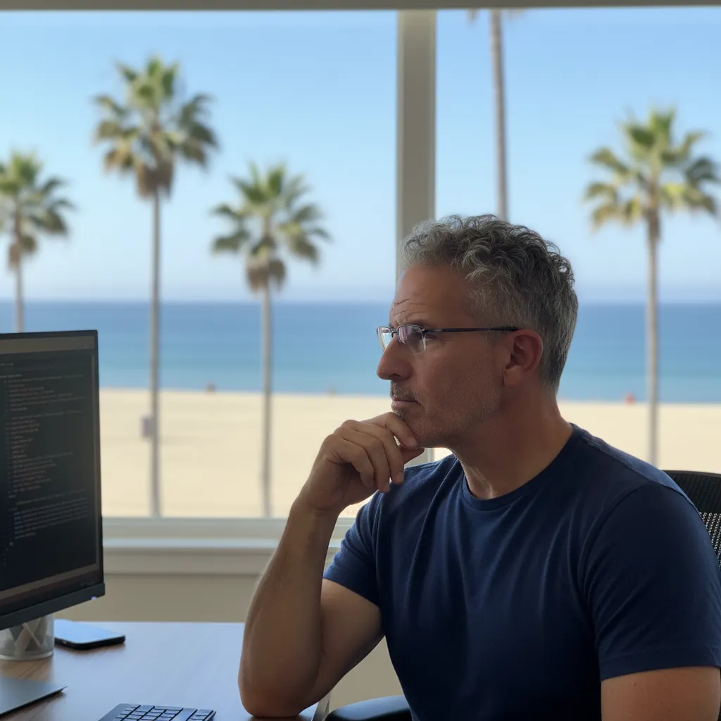 Rich Yaker working - California beach setting